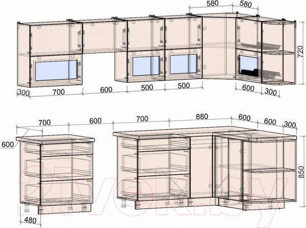 Изображение товара Кухонный гарнитур Интерлиния Мила Матте 1.5x2.9 Б правая (индиго/индиго глянец/кастилло темный)