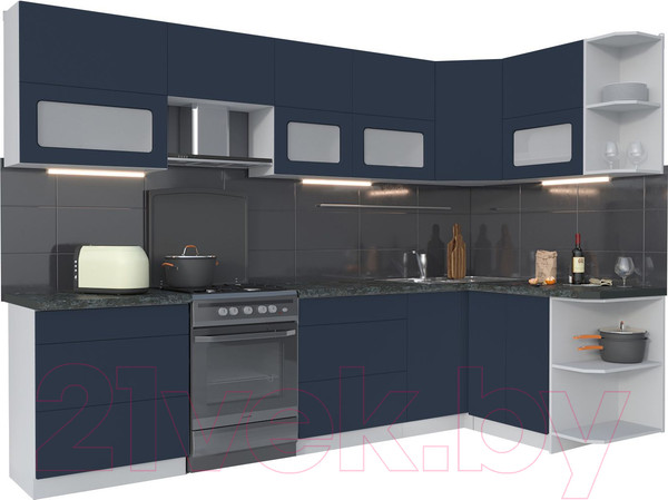 Изображение товара Кухонный гарнитур Интерлиния Мила Матте 1.5x3.0 Б правая (индиго/индиго глянец/кастилло темный)