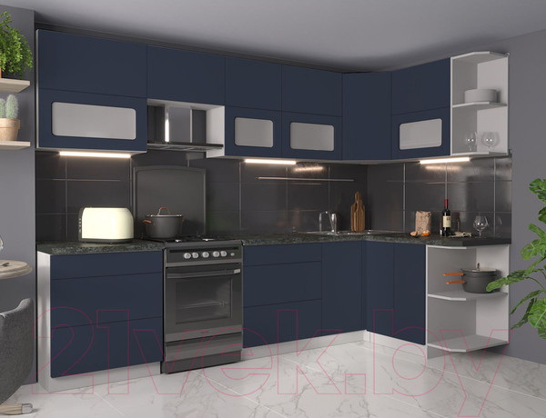 Изображение товара Кухонный гарнитур Интерлиния Мила Матте 1.5x3.0 Б правая (индиго/индиго глянец/кастилло темный)
