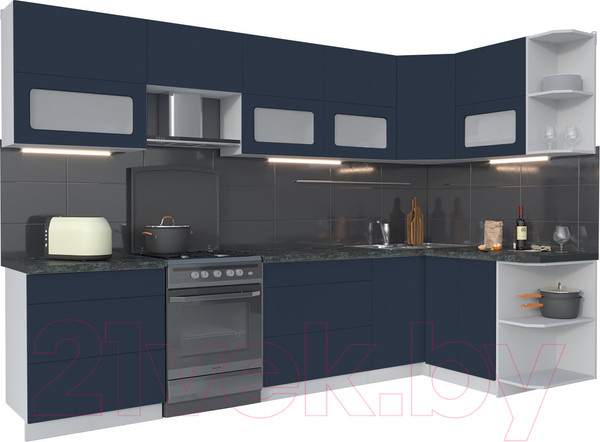Изображение товара Кухонный гарнитур Интерлиния Мила Матте 1.5x3.1 Б правая (индиго/индиго глянец/кастилло темный)