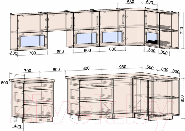 Изображение товара Кухонный гарнитур Интерлиния Мила Матте 1.5x3.1 Б правая (индиго/индиго глянец/кастилло темный)