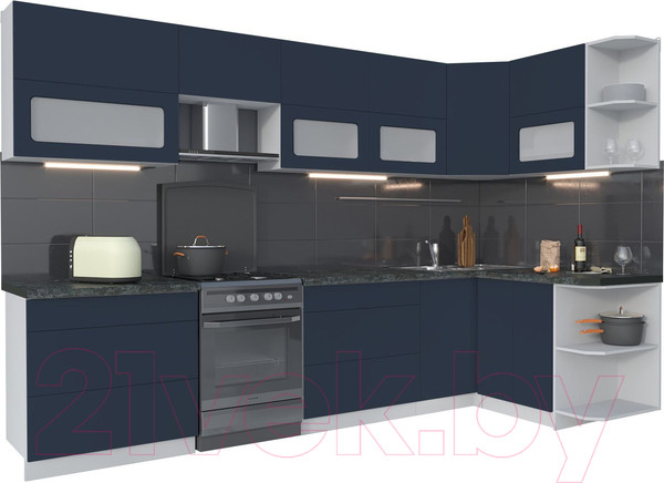 Изображение товара Кухонный гарнитур Интерлиния Мила Матте 1.5x3.2 Б правая (индиго/индиго глянец/кастилло темный)