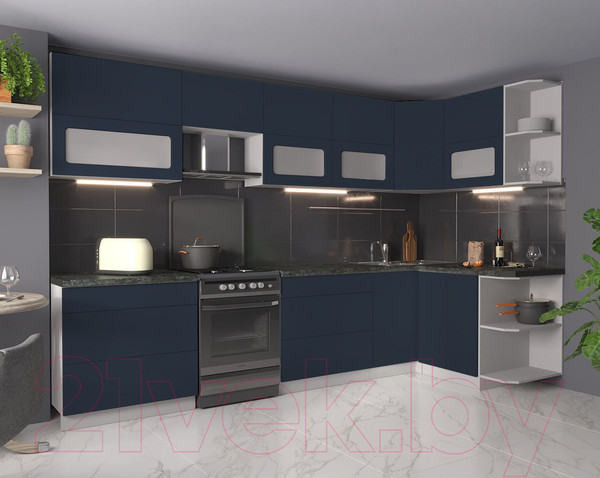 Изображение товара Кухонный гарнитур Интерлиния Мила Матте 1.5x3.2 Б правая (индиго/индиго глянец/кастилло темный)