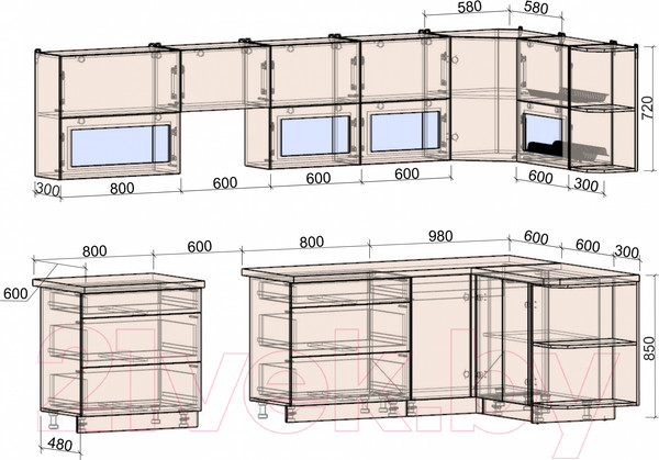 Изображение товара Кухонный гарнитур Интерлиния Мила Матте 1.5x3.2 Б правая (индиго/индиго глянец/кастилло темный)