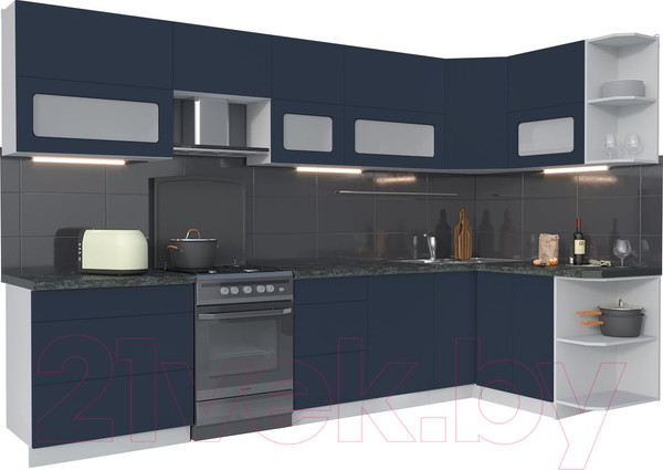 Изображение товара Кухонный гарнитур Интерлиния Мила Матте 1.5x3.3 Б правая (индиго/индиго глянец/кастилло темный)