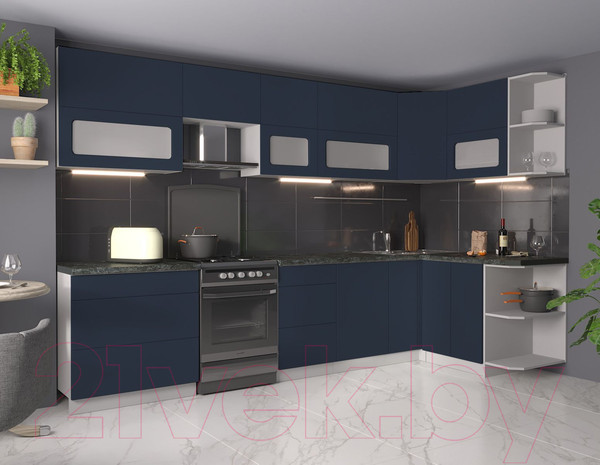 Изображение товара Кухонный гарнитур Интерлиния Мила Матте 1.5x3.3 Б правая (индиго/индиго глянец/кастилло темный)