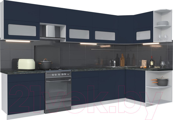 Изображение товара Кухонный гарнитур Интерлиния Мила Матте 1.5x3.4 Б правая (индиго/индиго глянец/кастилло темный)