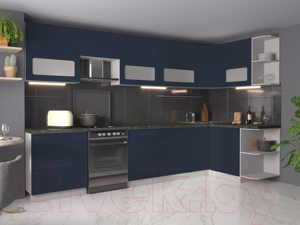 Изображение товара Кухонный гарнитур Интерлиния Мила Матте 1.5x3.4 Б правая (индиго/индиго глянец/кастилло темный)