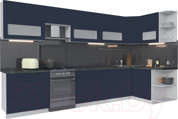 Изображение товара Кухонный гарнитур Интерлиния Мила Матте 1.5x3.6 Б правая (индиго/индиго глянец/кастилло темный)