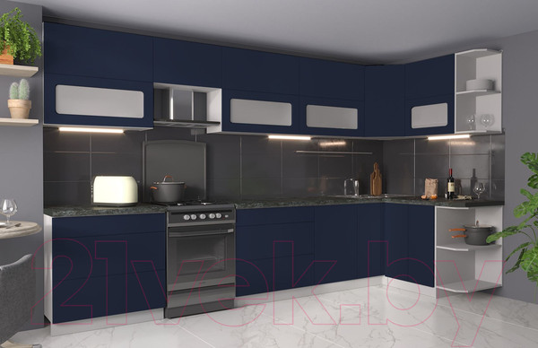 Изображение товара Кухонный гарнитур Интерлиния Мила Матте 1.5x3.6 Б правая (индиго/индиго глянец/кастилло темный)