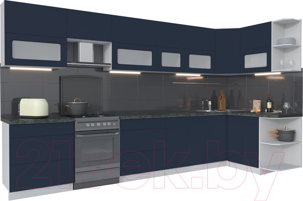 Изображение товара Кухонный гарнитур Интерлиния Мила Матте 1.5x3.7 Б правая (индиго/индиго глянец/кастилло темный)