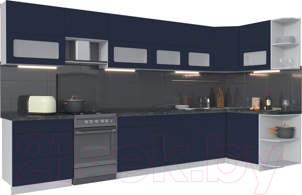 Изображение товара Кухонный гарнитур Интерлиния Мила Матте 1.5x3.8 Б правая (индиго/индиго глянец/кастилло темный)