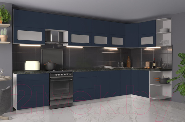 Изображение товара Кухонный гарнитур Интерлиния Мила Матте 1.5x3.8 Б правая (индиго/индиго глянец/кастилло темный)
