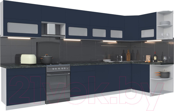 Изображение товара Кухонный гарнитур Интерлиния Мила Матте 1.5x3.9 Б правая (индиго/индиго глянец/кастилло темный)