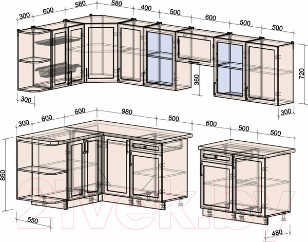 Изображение товара Кухонный гарнитур Интерлиния Тренд 1.5x3.1 правая (индиго/индиго/опал светлый)