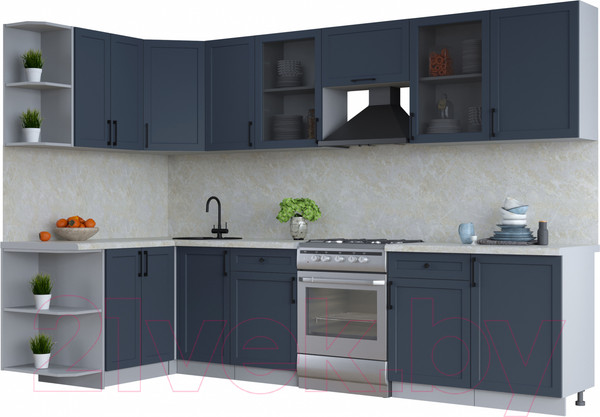Изображение товара Кухонный гарнитур Интерлиния Тренд 1.5x3.1 правая (индиго/индиго/опал светлый)