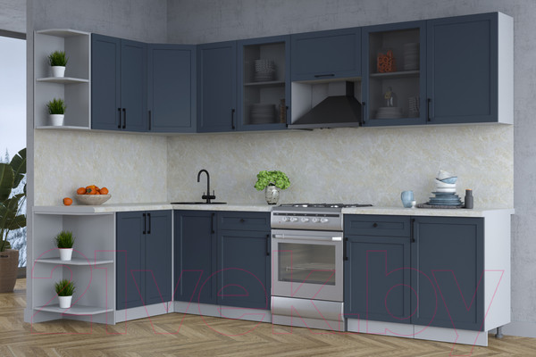 Изображение товара Кухонный гарнитур Интерлиния Тренд 1.5x3.1 правая (индиго/индиго/опал светлый)