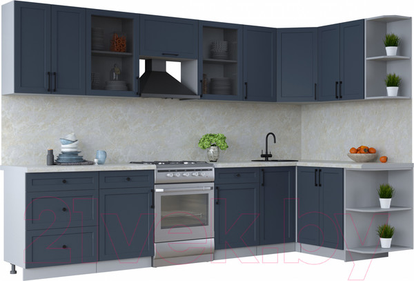 Изображение товара Кухонный гарнитур Интерлиния Тренд 1.5x3.2 правая (индиго/индиго/опал светлый)