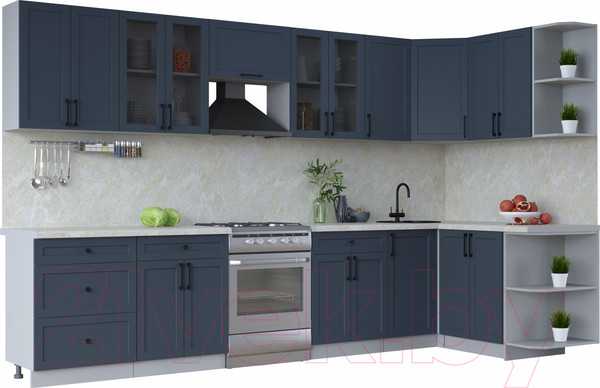 Изображение товара Кухонный гарнитур Интерлиния Тренд 1.5x3.4 правая (индиго/индиго/опал светлый)