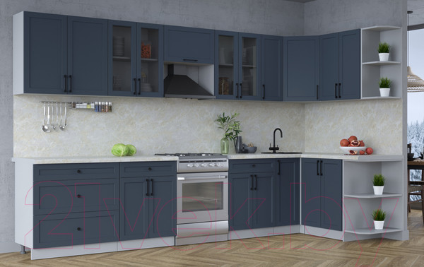 Изображение товара Кухонный гарнитур Интерлиния Тренд 1.5x3.5 правая (индиго/индиго/опал светлый)
