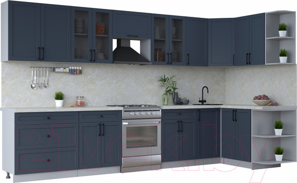 Изображение товара Кухонный гарнитур Интерлиния Тренд 1.5x3.6 правая (индиго/индиго/опал светлый)