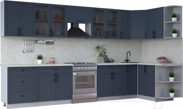 Изображение товара Кухонный гарнитур Интерлиния Тренд 1.5x3.7 правая (индиго/индиго/опал светлый)