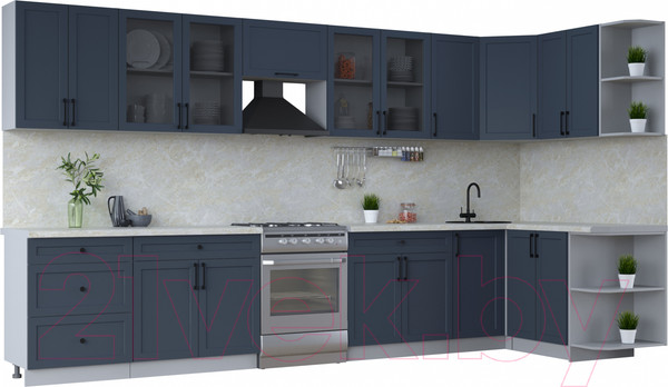 Изображение товара Кухонный гарнитур Интерлиния Тренд 1.5x3.8 правая (индиго/индиго/опал светлый)
