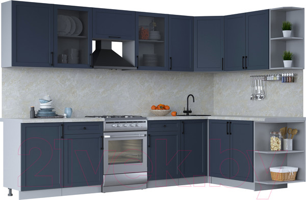 Изображение товара Кухонный гарнитур Интерлиния Тренд 1.7x3.1 правая (индиго/индиго/опал светлый)