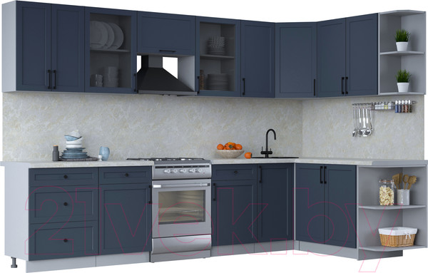 Изображение товара Кухонный гарнитур Интерлиния Тренд 1.7x3.2 правая (индиго/индиго/опал светлый)