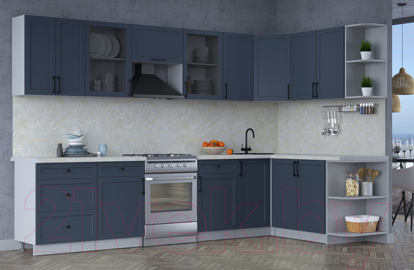 Изображение товара Кухонный гарнитур Интерлиния Тренд 1.7x3.2 правая (индиго/индиго/опал светлый)