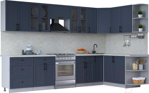 Изображение товара Кухонный гарнитур Интерлиния Тренд 1.7x3.3 правая (индиго/индиго/опал светлый)