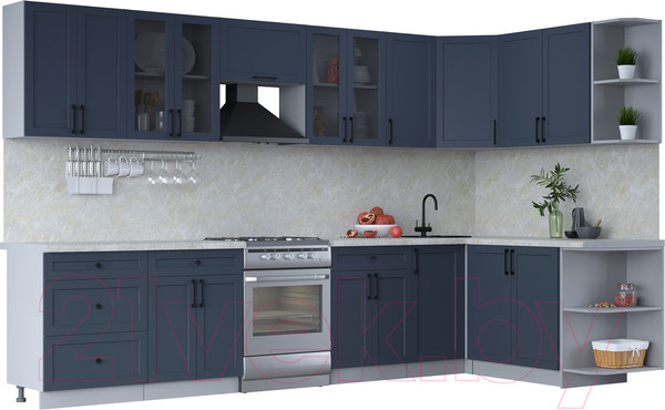 Изображение товара Кухонный гарнитур Интерлиния Тренд 1.7x3.4 правая (индиго/индиго/опал светлый)