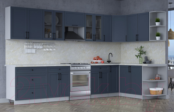 Изображение товара Кухонный гарнитур Интерлиния Тренд 1.7x3.5 правая (индиго/индиго/опал светлый)