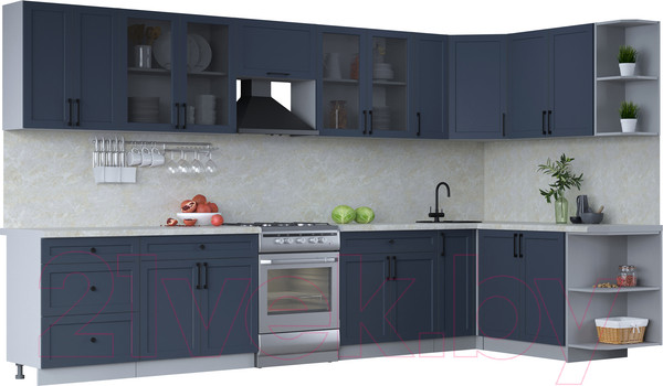Изображение товара Кухонный гарнитур Интерлиния Тренд 1.7x3.7 правая (индиго/индиго/опал светлый)