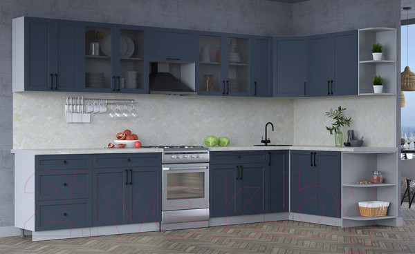 Изображение товара Кухонный гарнитур Интерлиния Тренд 1.7x3.7 правая (индиго/индиго/опал светлый)