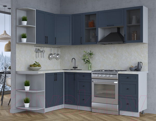 Изображение товара Кухонный гарнитур Интерлиния Тренд 1.5x2.3 левая (индиго/индиго/опал светлый)