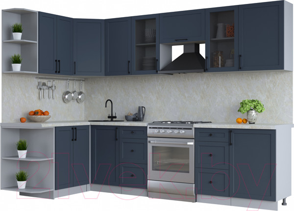 Изображение товара Кухонный гарнитур Интерлиния Тренд 1.5x2.9 левая (индиго/индиго/опал светлый)