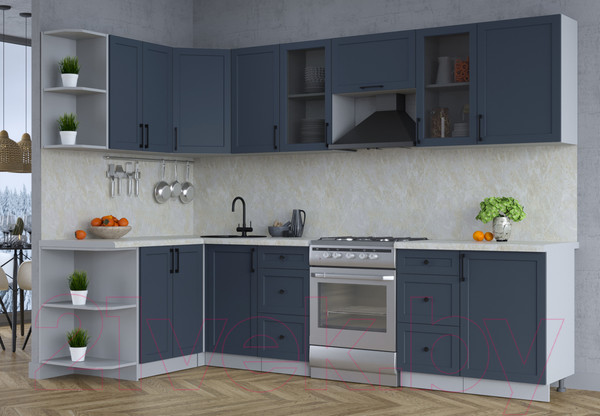 Изображение товара Кухонный гарнитур Интерлиния Тренд 1.5x2.9 левая (индиго/индиго/опал светлый)