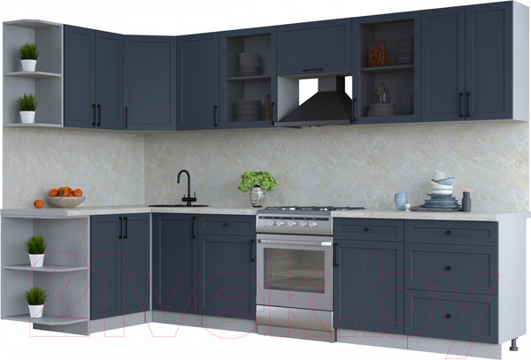 Изображение товара Кухонный гарнитур Интерлиния Тренд 1.5x3.2 левая (индиго/индиго/опал светлый)