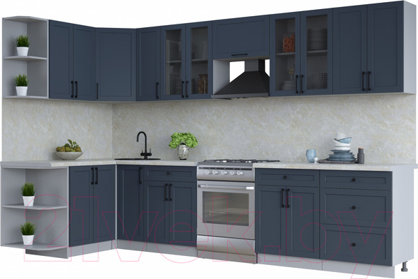 Изображение товара Кухонный гарнитур Интерлиния Тренд 1.5x3.3 левая (индиго/индиго/опал светлый)