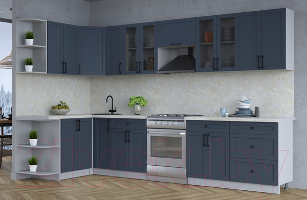 Изображение товара Кухонный гарнитур Интерлиния Тренд 1.5x3.3 левая (индиго/индиго/опал светлый)
