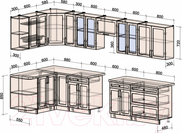 Изображение товара Кухонный гарнитур Интерлиния Тренд 1.5x3.5 левая (индиго/индиго/опал светлый)