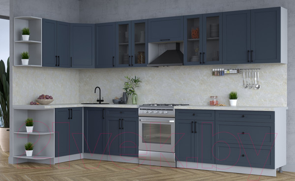 Изображение товара Кухонный гарнитур Интерлиния Тренд 1.5x3.6 левая (индиго/индиго/опал светлый)