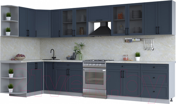 Изображение товара Кухонный гарнитур Интерлиния Тренд 1.5x3.7 левая (индиго/индиго/опал светлый)