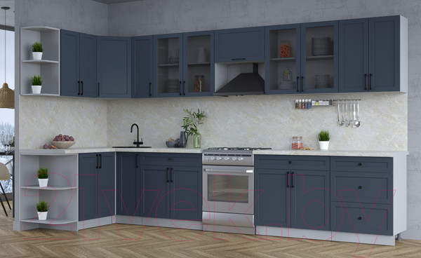 Изображение товара Кухонный гарнитур Интерлиния Тренд 1.5x3.7 левая (индиго/индиго/опал светлый)