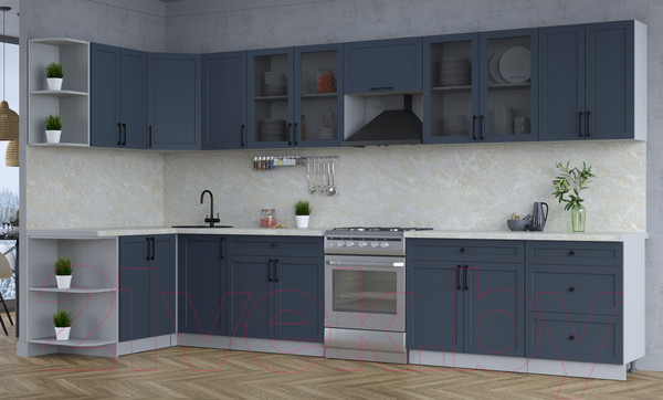 Изображение товара Кухонный гарнитур Интерлиния Тренд 1.5x3.8 левая (индиго/индиго/опал светлый)