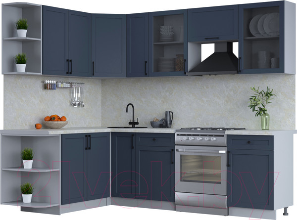 Изображение товара Кухонный гарнитур Интерлиния Тренд 1.7x2.5 левая (индиго/индиго/опал светлый)