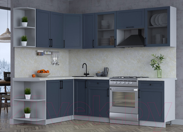 Изображение товара Кухонный гарнитур Интерлиния Тренд 1.7x2.5 левая (индиго/индиго/опал светлый)