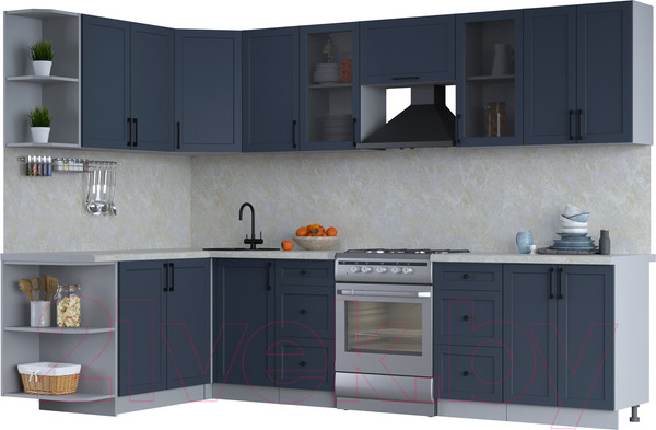 Изображение товара Кухонный гарнитур Интерлиния Тренд 1.7x3.0 левая (индиго/индиго/опал светлый)