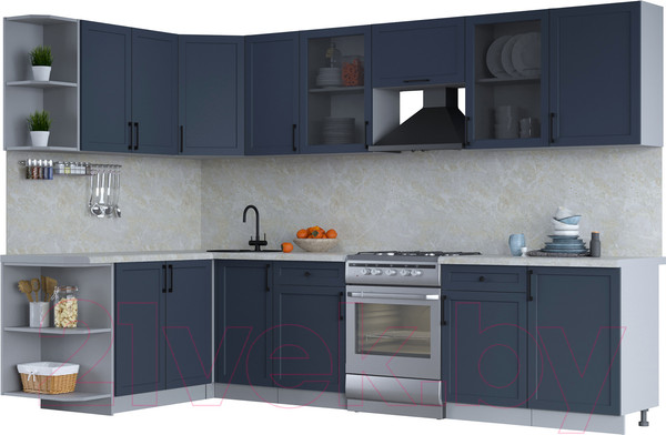 Изображение товара Кухонный гарнитур Интерлиния Тренд 1.7x3.1 левая (индиго/индиго/опал светлый)